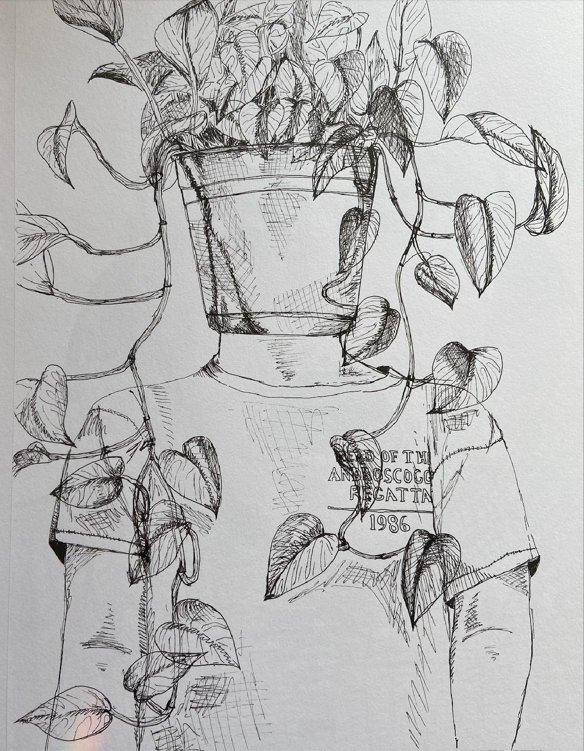 Pothos Plant as Head on Human Body, Ink